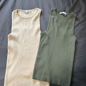 Zara Bundle Ribbed Tank Tops in Cream and Green size S/M